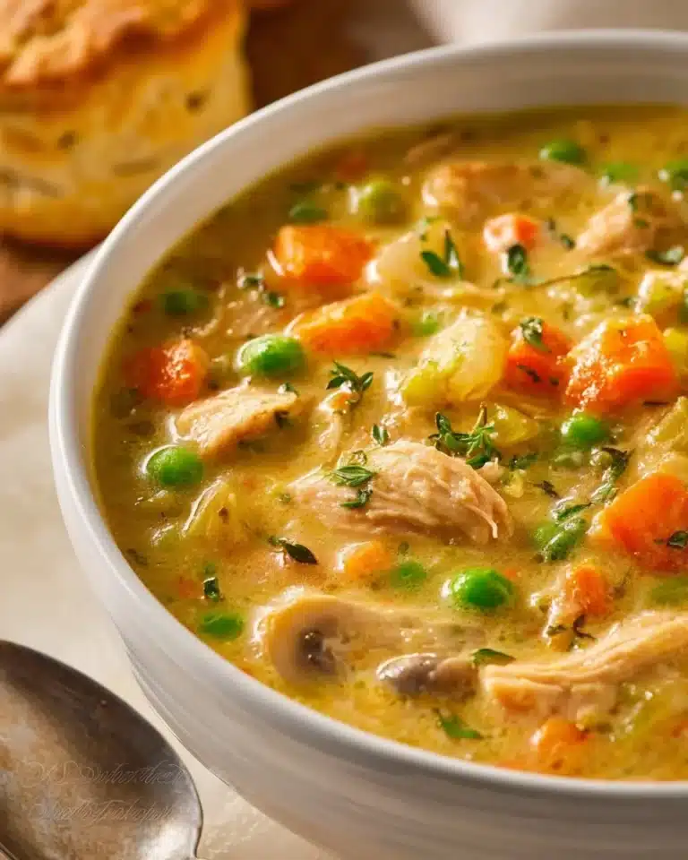 Delicious Chicken Pot Pie Soup in a bowl, garnished with herbs.