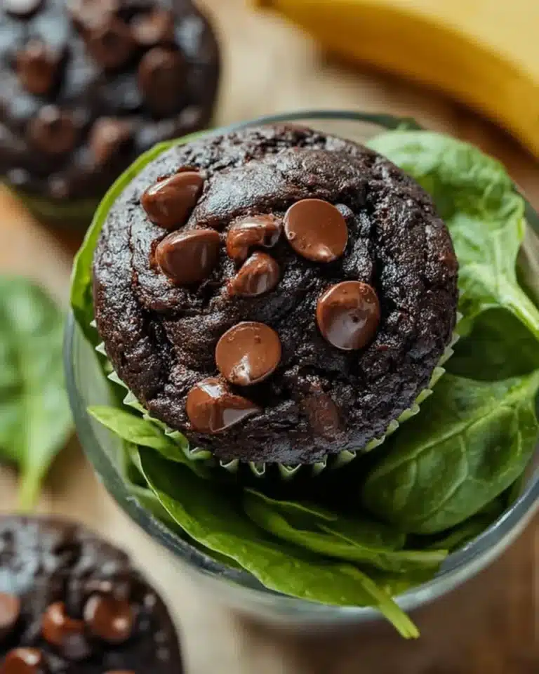 Delicious chocolate spinach muffins on a wooden table, healthy and tasty