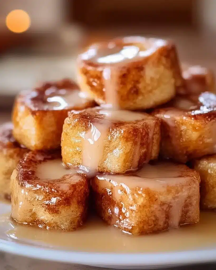 Delicious cinnamon roll french toast bites topped with icing and spices