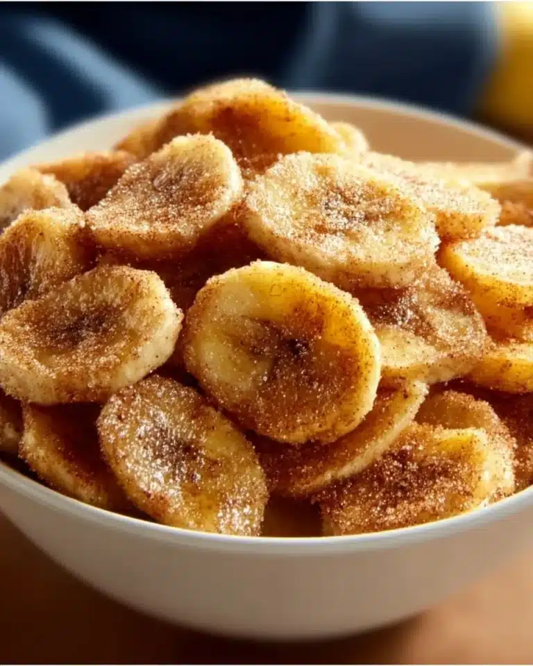 Cinnamon-Sugar Air Fryer Banana Chips 2 Crispy cinnamon-sugar air fryer banana chips on a plate