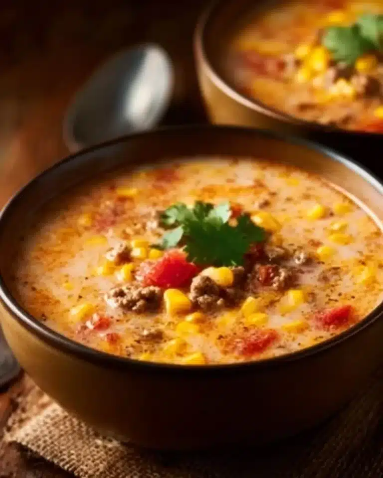 Delicious creamy cowboy soup served in a rustic bowl with fresh ingredients