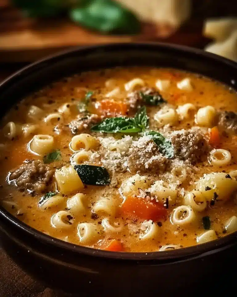 Creamy Parmesan Italian sausage ditalini soup in a bowl garnished with parsley