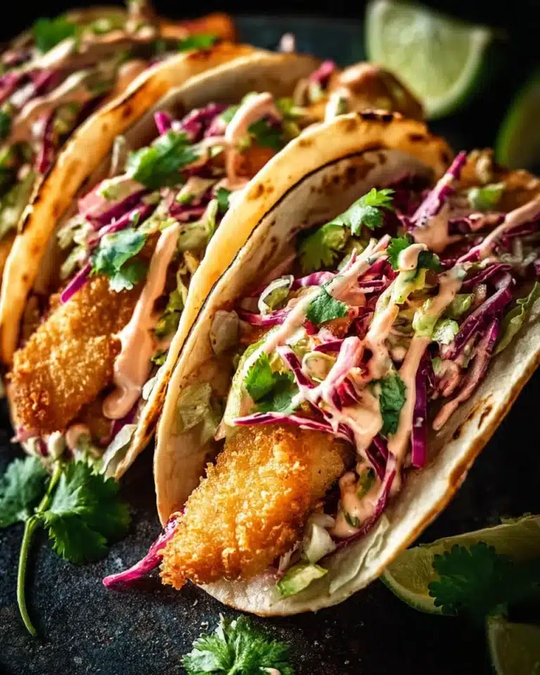 Crispy Fish Tacos with Cilantro Lime Slaw 2 Crispy fish tacos topped with vibrant cilantro lime slaw on a plate