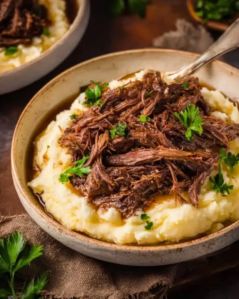 Delicious Crock Pot shredded beef served in a bowl with sides