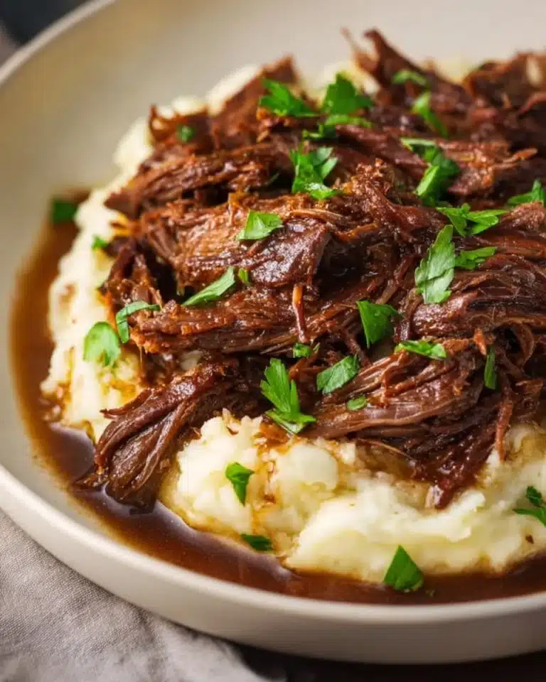 Delicious crock pot shredded beef served in a bowl with toppings.
