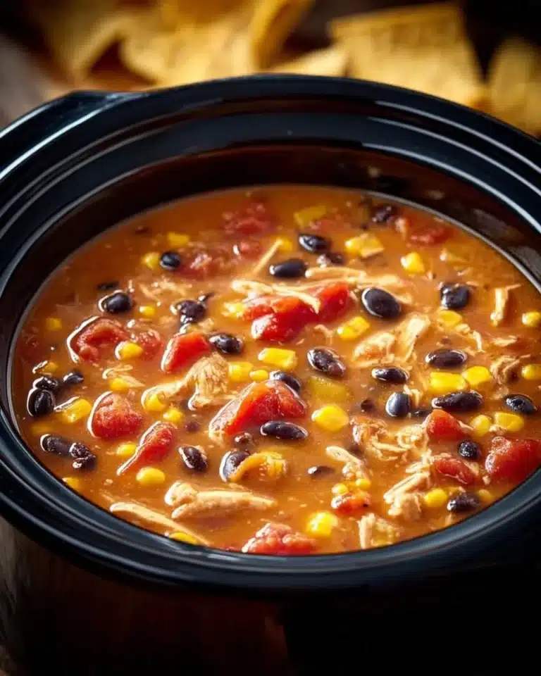 Crockpot Chicken Tortilla Soup 2 Delicious Crockpot chicken tortilla soup served in a bowl with toppings.