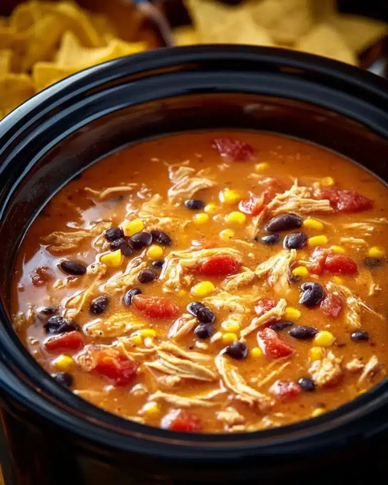Delicious Crockpot Chicken Tortilla Soup with toppings
