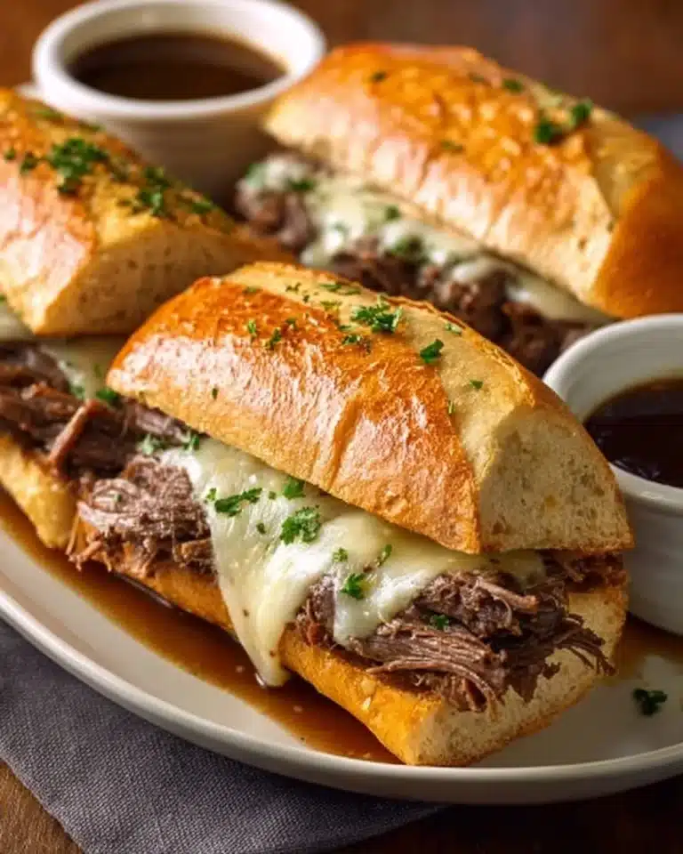 Crockpot French Dip Sandwiches 2 Delicious Crockpot French Dip Sandwiches served with au jus for dipping