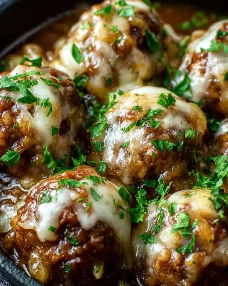 Crockpot French Onion Meatballs served on a plate with melted cheese