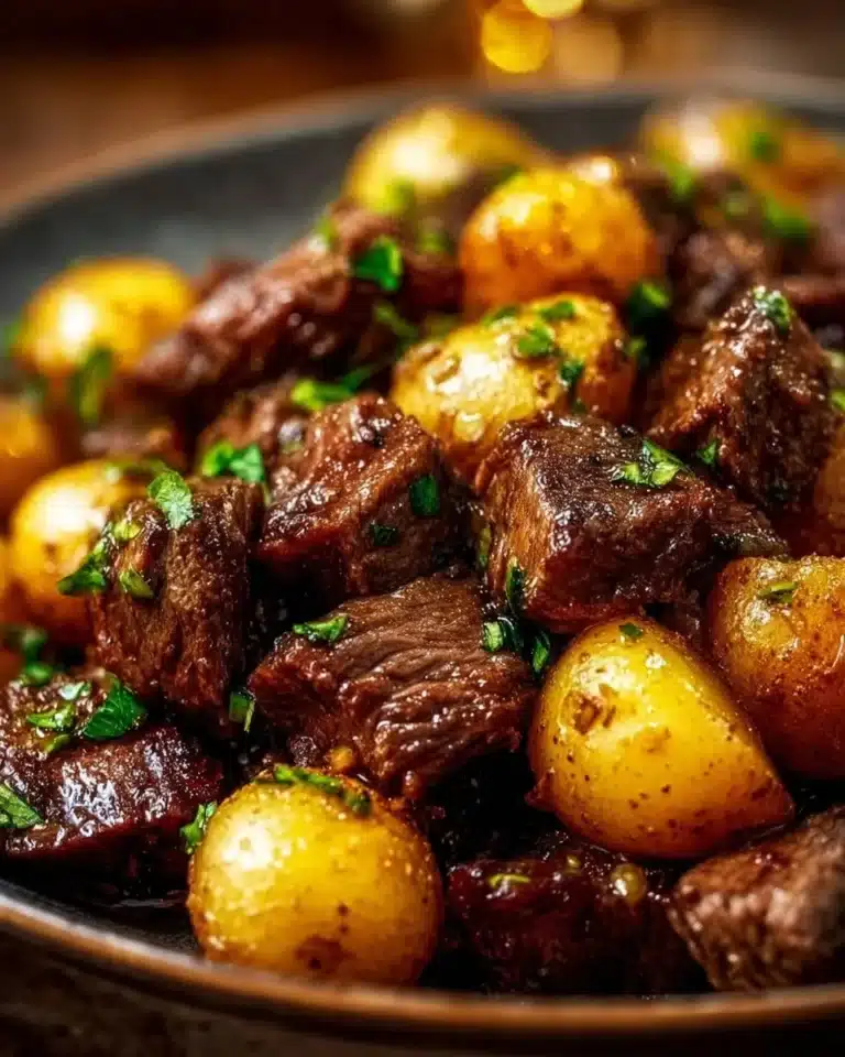 Crockpot garlic butter beef bites with potatoes on a wooden table