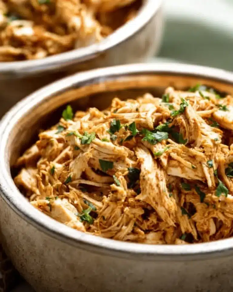 Crockpot Shredded Chicken 2 Crockpot shredded chicken recipe served in a bowl with herbs