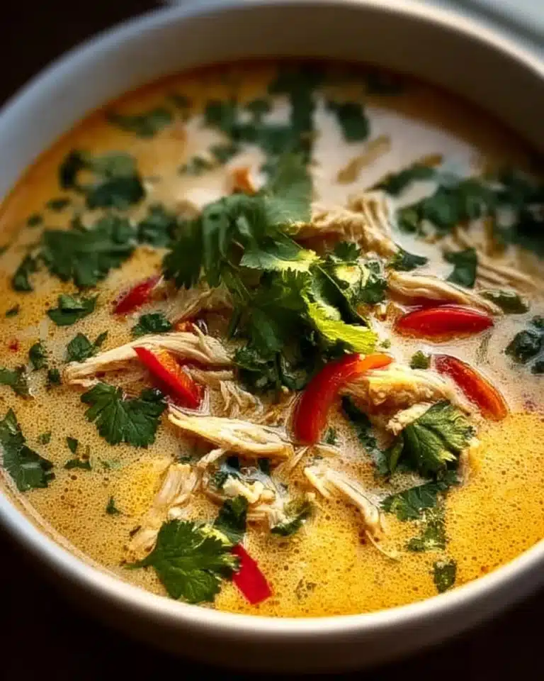 Bowl of delicious Crockpot Thai Coconut Chicken Soup garnished with cilantro