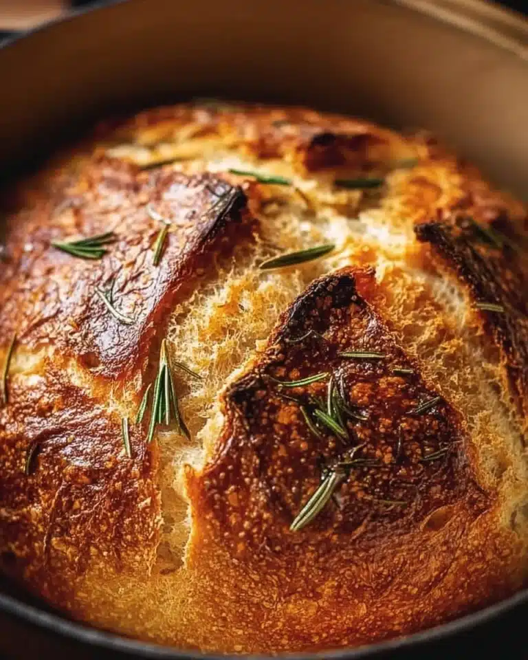 Freshly baked Dutch oven garlic rosemary bread on a wooden table.