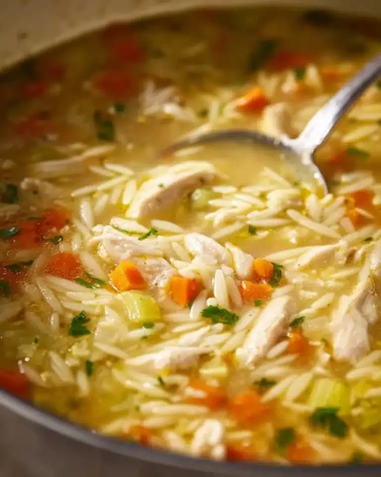 Bowl of easy lemon chicken orzo soup garnished with herbs and lemon slices.