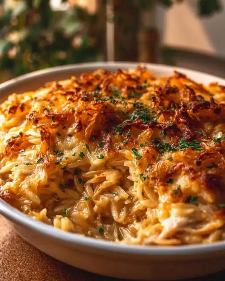 French Onion Chicken Orzo Casserole baked in a dish