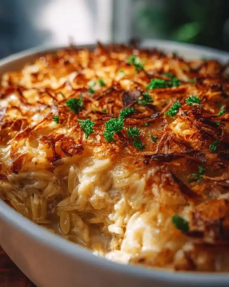 French Onion Chicken Orzo Casserole 2 Delicious French onion chicken orzo casserole topped with melted cheese.
