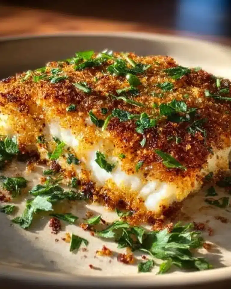 Garlic Parmesan crusted halibut fillets garnished with herbs and lemon.
