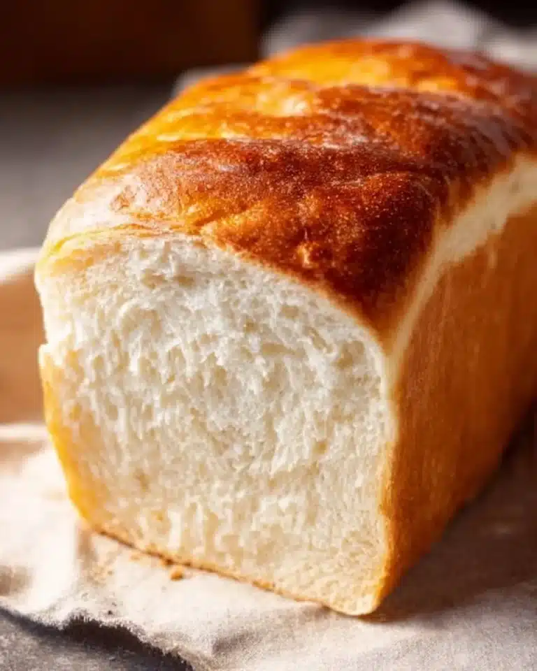 Freshly baked homemade Amish white bread loaf on a wooden table