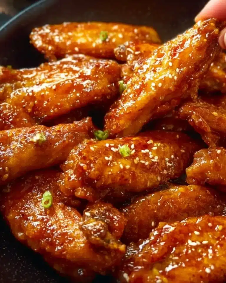 Plate of honey garlic chicken wings garnished with sesame seeds and green onions