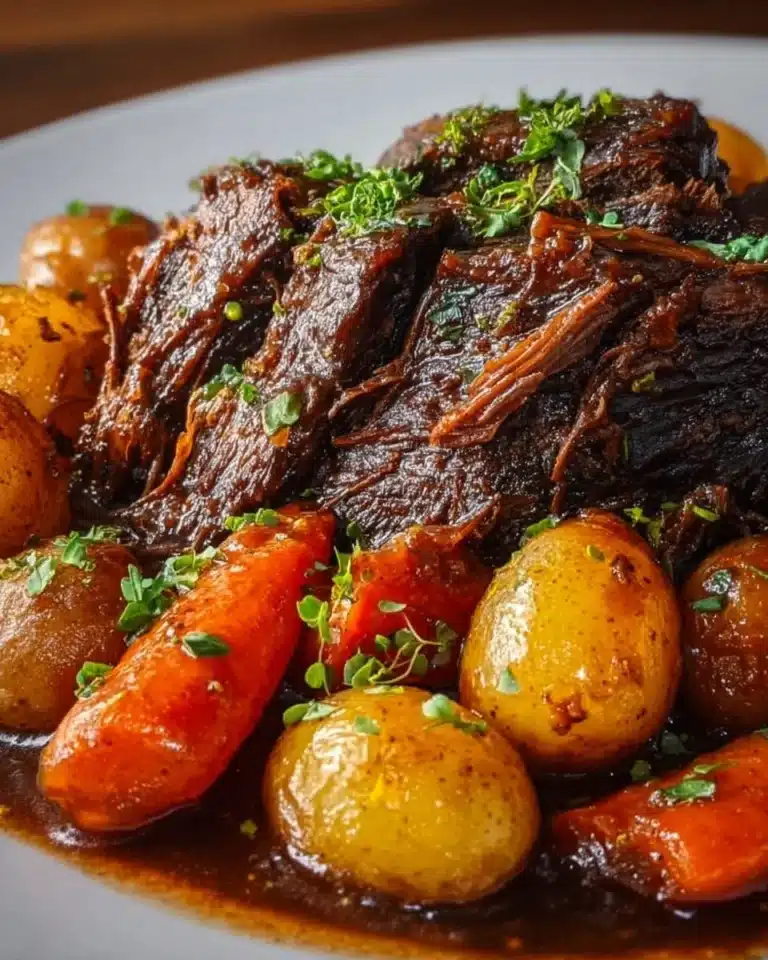 Delicious slow cooker pot roast served with vegetables and gravy