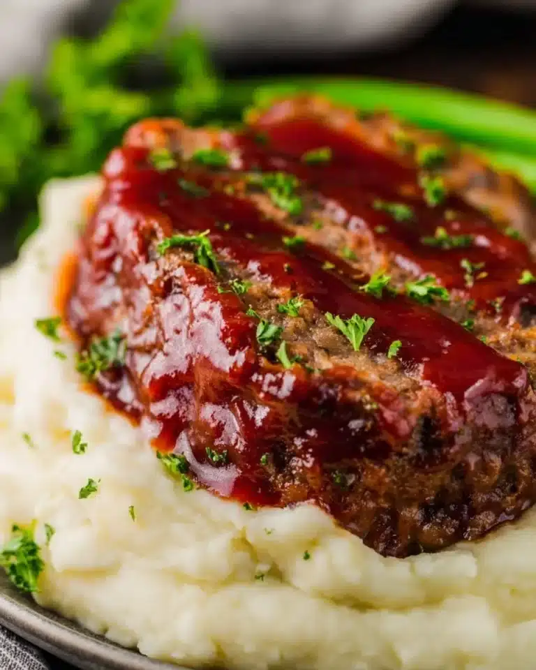 Delicious homemade meatloaf on a serving platter with garnishes.