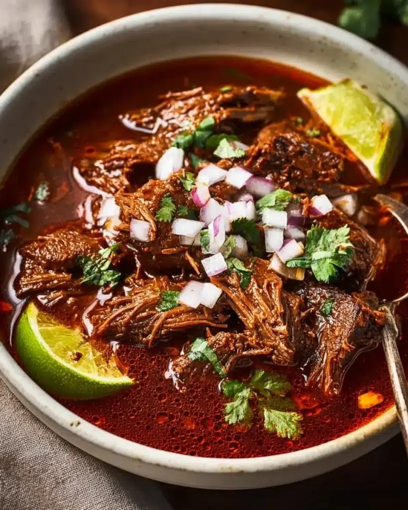 Delicious Mexican Beef Birria served with fresh tortillas and garnishes