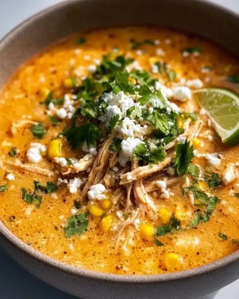 Bowl of Mexican Street Corn Soup garnished with cilantro and lime.