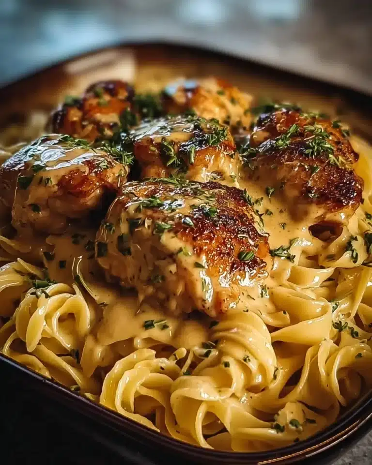 One-Pan Chicken with Buttered Noodles 2 One-Pan Chicken with Buttered Noodles dish garnished with fresh herbs.