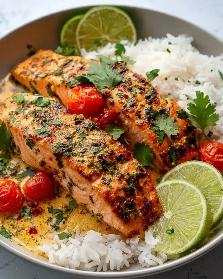 One-Pan Coconut Curry Salmon with Garlic Butter 2 Delicious one-pan coconut curry salmon with garlic butter served on a plate.