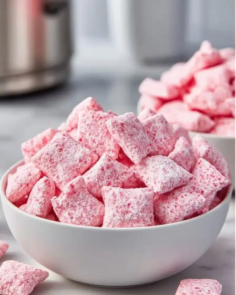 Bowl of Quick Strawberry Shortcake Puppy Chow with strawberries and whipped cream