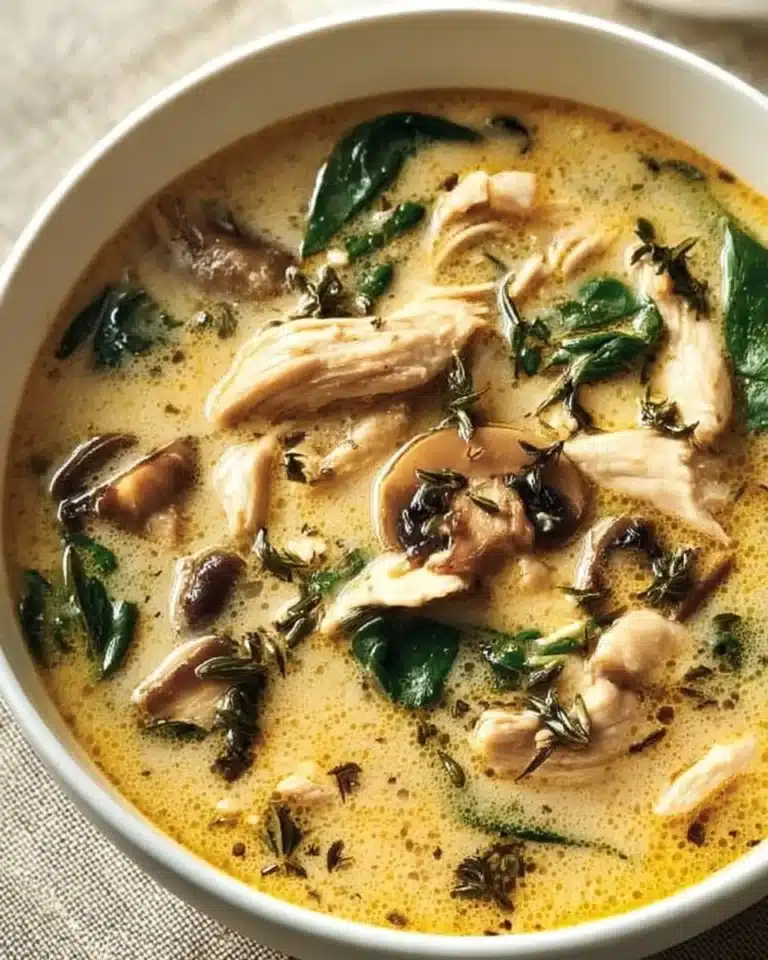 Bowl of rotisserie chicken mushroom soup garnished with herbs