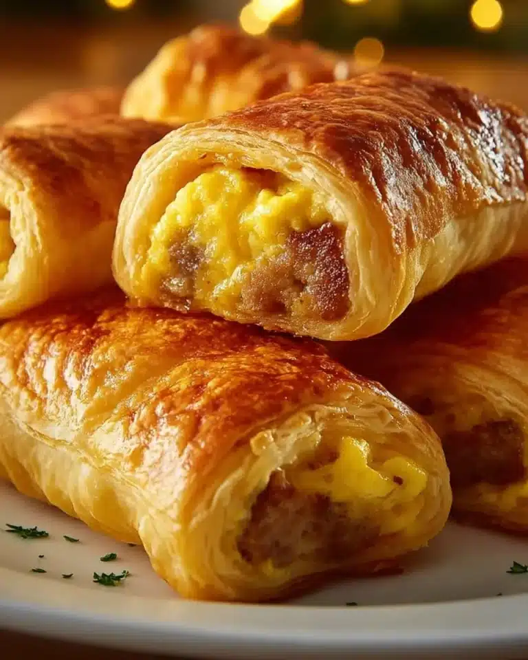 Sausage egg breakfast roll-ups on a plate, ready to serve.