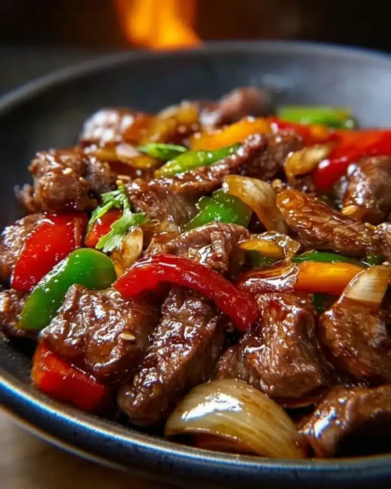 Sizzling Chinese pepper steak with onions served on a plate