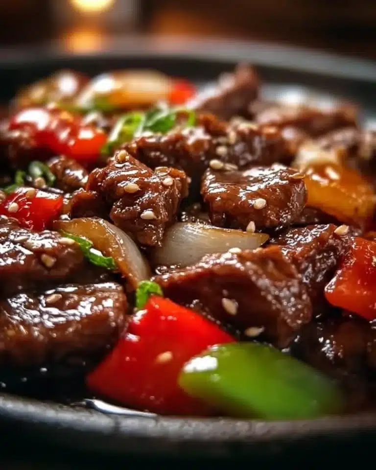 Sizzling Chinese Pepper Steak with Onions 2 Delicious sizzling Chinese pepper steak with onions served on a plate