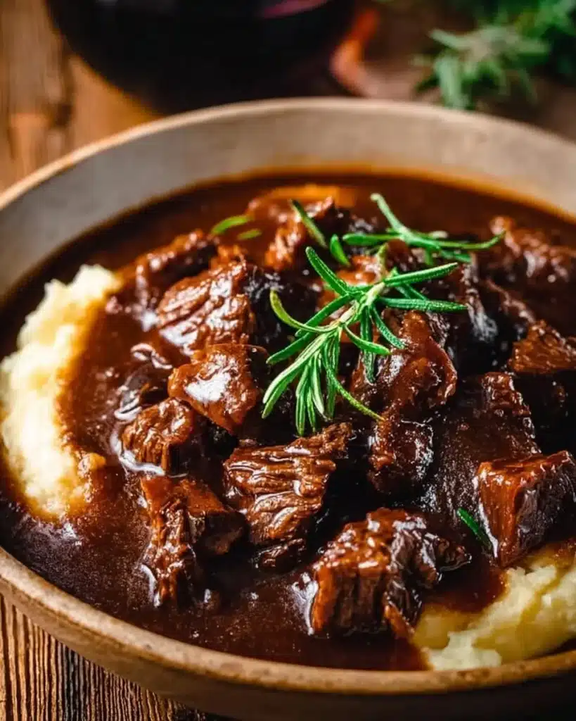 Delicious slow cooker Beef Manhattan served with gravy and bread