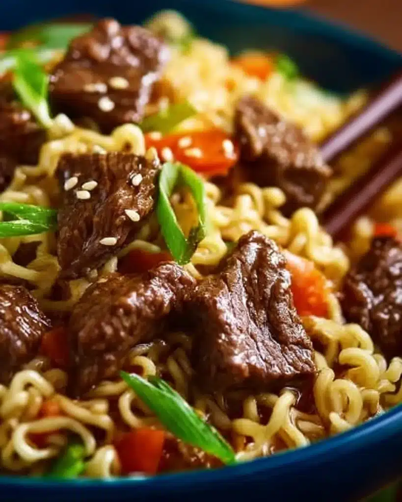 Slow cooker beef ramen noodles in a bowl with fresh herbs and vegetables