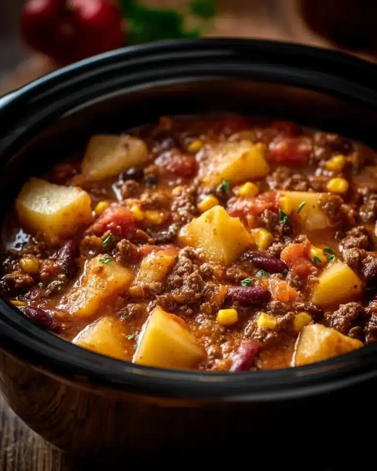 Slow Cooker Cowboy Casserole 2 A delicious Slow Cooker Cowboy Casserole with ground beef, corn, and cheese.