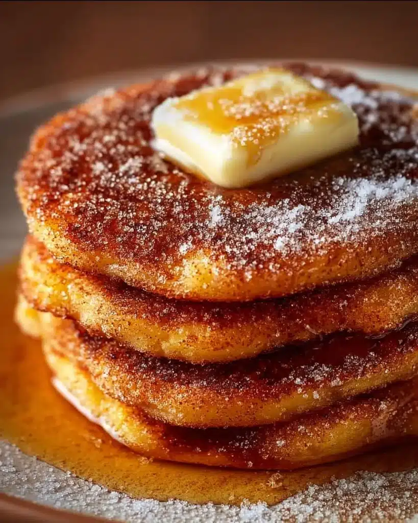 Delicious churro pancakes served with chocolate sauce and whipped cream
