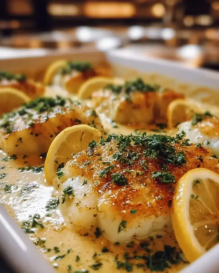 Baked cod with coconut lemon cream sauce served on a plate