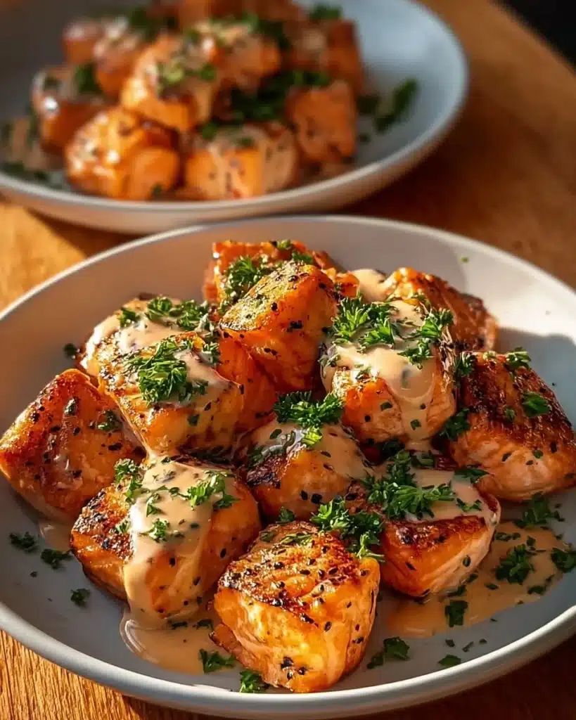Crispy Bang Bang Salmon Bites garnished with spicy sauce and herbs