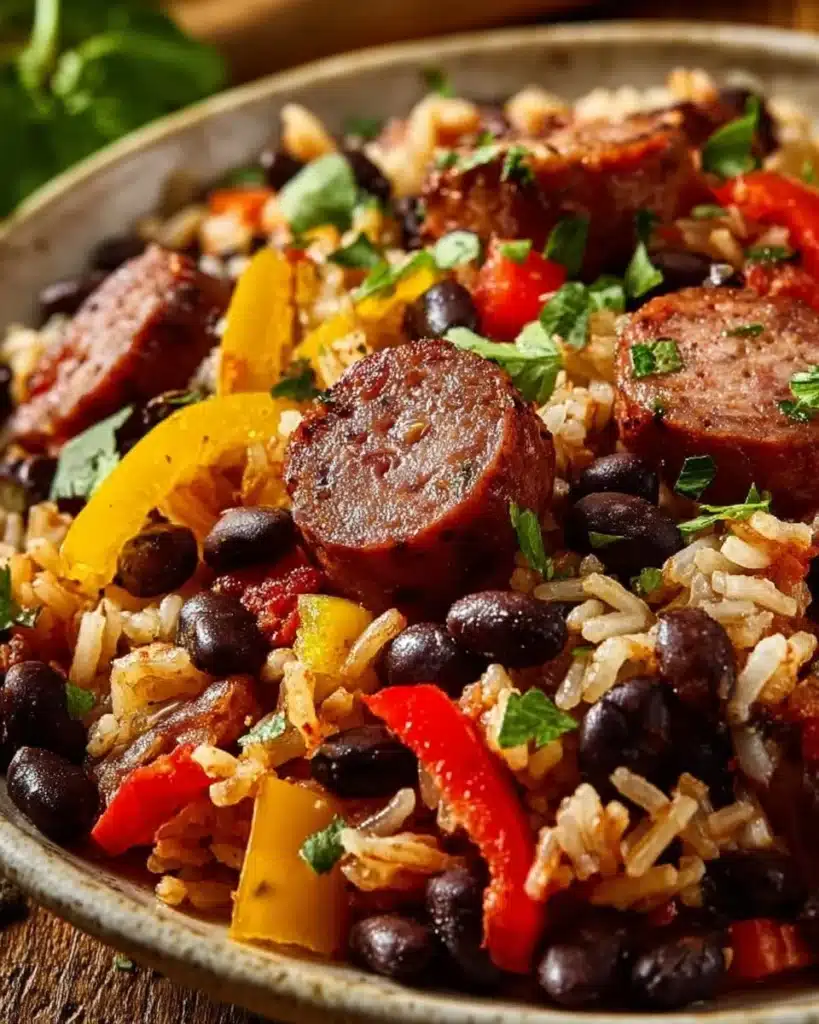 Bowl of black beans and rice with sausage garnished with fresh herbs