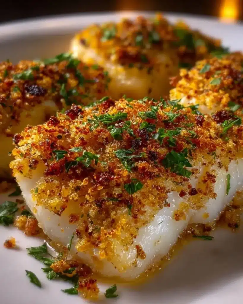 Delicious Boston baked cod served with herbs and lemon