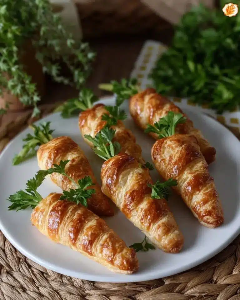 Carrot Shaped Croissant Cones 2 Carrot shaped croissant cones served on a plate.