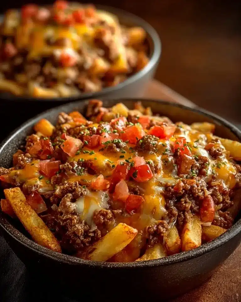 Delicious Cheeseburger Casserole with French fries, melted cheese, and beef