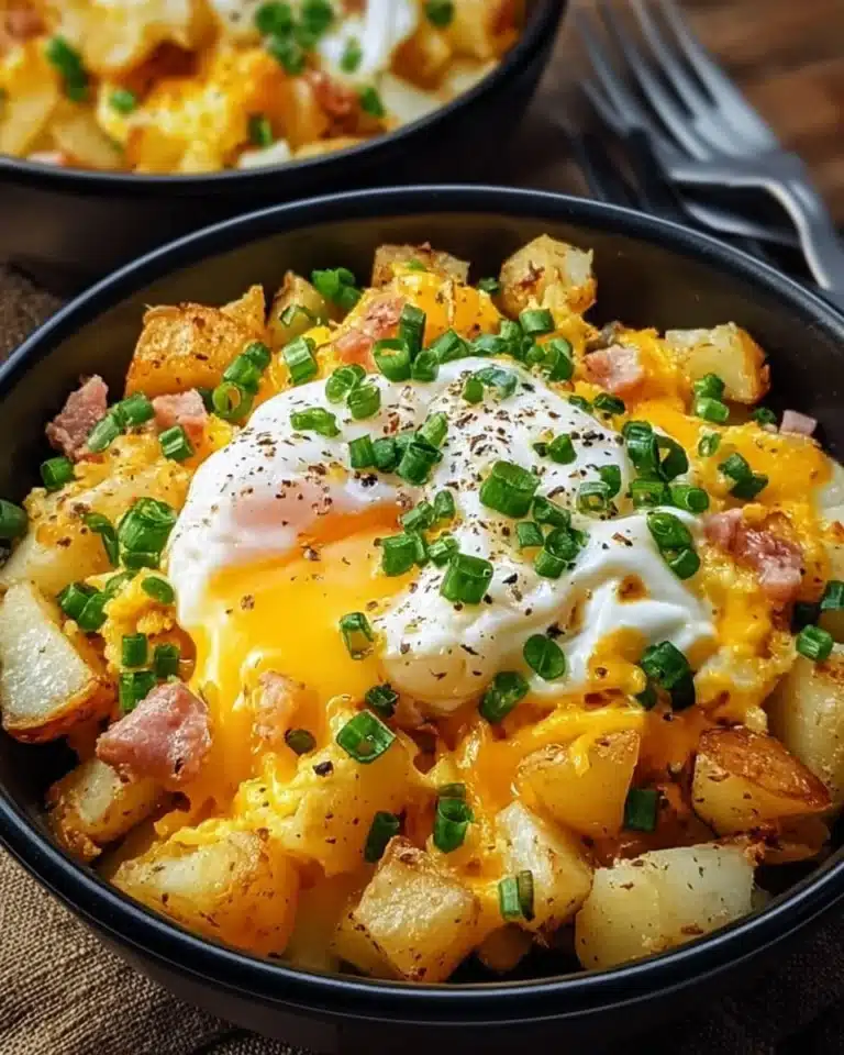 Cheesy potato egg scramble with herbs and cheese in a skillet