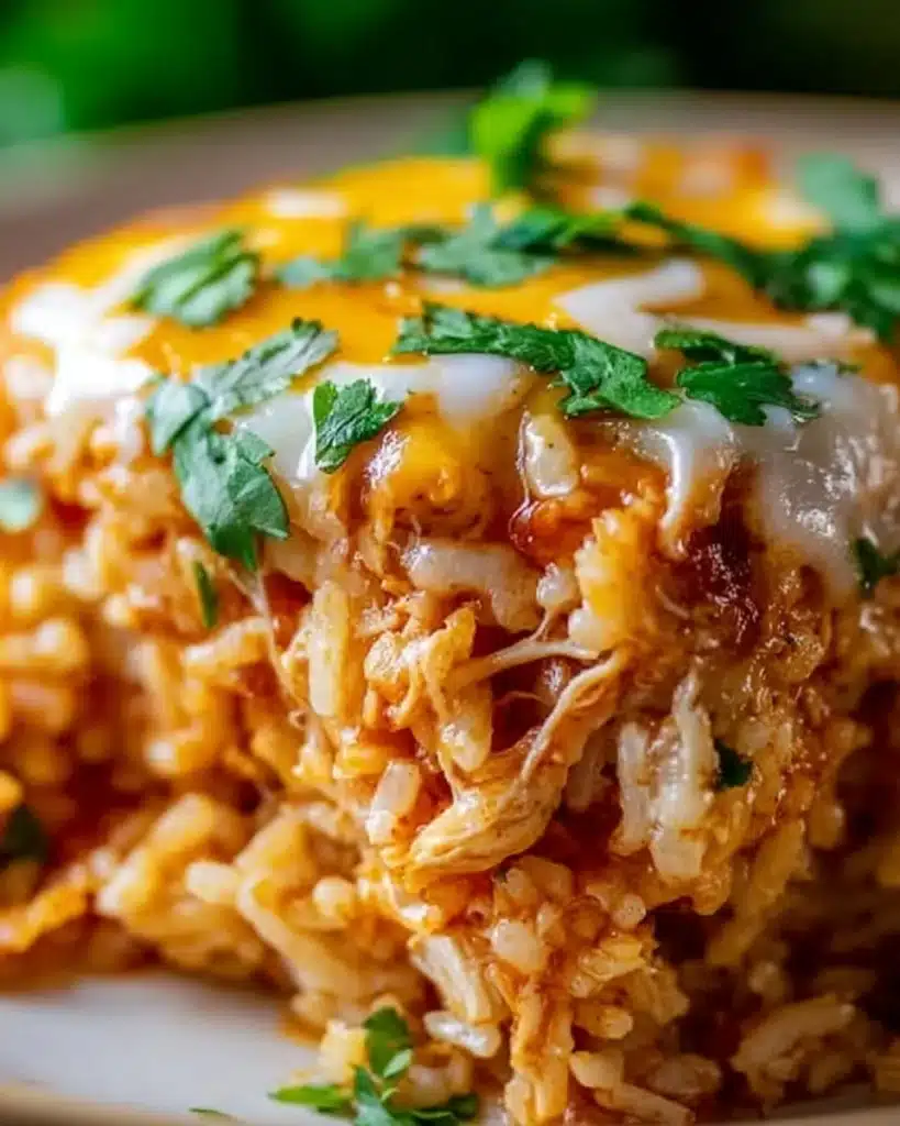 Delicious Chicken Enchilada Rice Casserole topped with cheese and herbs