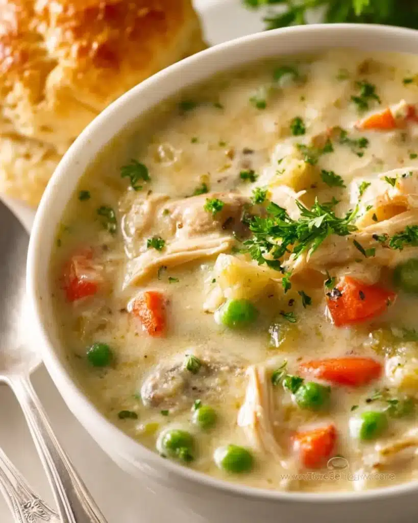 Bowl of creamy Chicken Pot Pie Soup topped with fresh herbs and flaky pastry