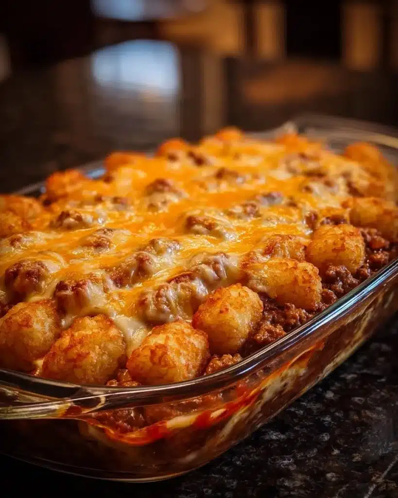 Delicious Chili Cheese Tater Tot Casserole served in a dish