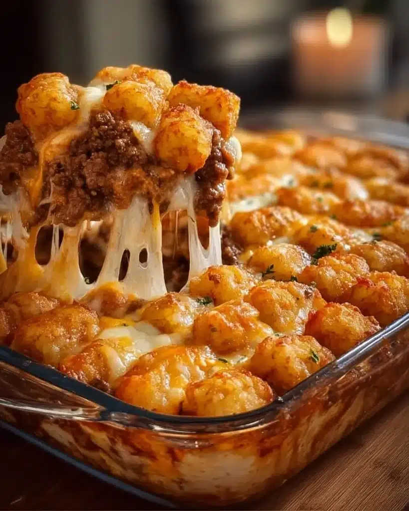 Delicious Chili Cheese Tater Tot Casserole topped with cheese and chili
