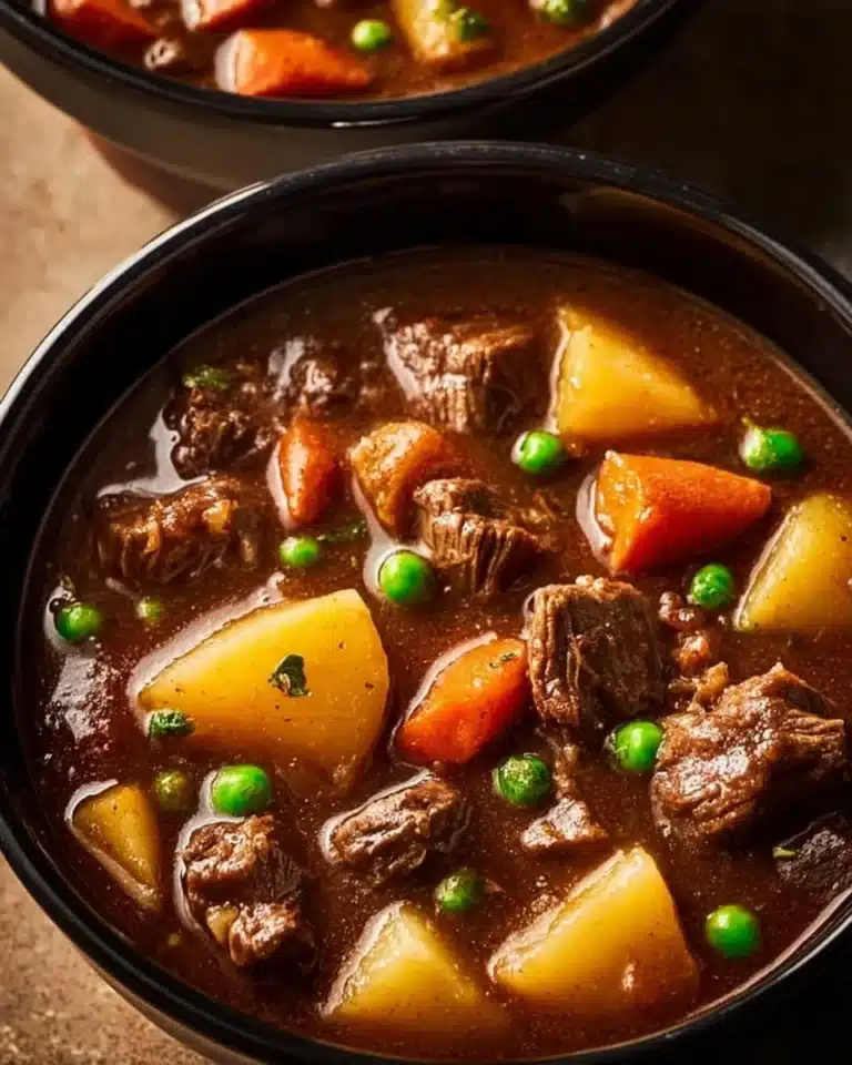 Hearty crockpot beef stew filled with vegetables and tender beef, perfect for a cozy meal.